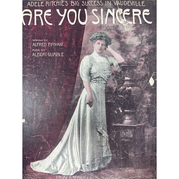 1908 Are You Sincere Sheet Music A Bryan A Gumble Adele Ritchie Vaudeville - Picture 1 of 10